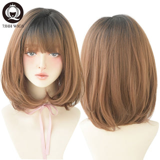 7JHH WIGS Short Bob Straight Ombre Blonde Wigs With Bang For Girl Black Female Synthetic Shoulder Length Crochet Hair Ginger Wig