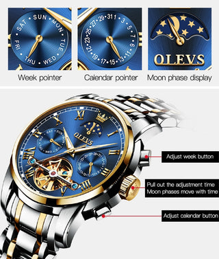 Rellotge OLEVS per a home Rellotge mecànic automàtic Stianless Top Brand Fase lunar de luxe Rellotge de polsera Tourbillon Esquelet Reloj hombres