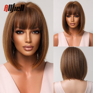 Ombre Brown Platinum Blonde Synthetic Wigs Short Straight Bob Wigs for Black Women Daily Natural Heat Resistant Hair Cosplay