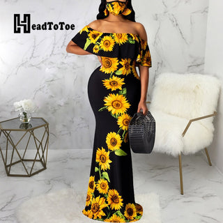 Sunflower Print Off Shoulder Maxi Dress Women Strapless Slash Neck Casual Long Dresses