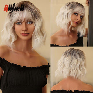 Ombre Brown Platinum Blonde Synthetic Wigs Short Straight Bob Wigs for Black Women Daily Natural Heat Resistant Hair Cosplay