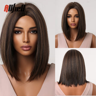 Ombre Brown Platinum Blonde Synthetic Wigs Short Straight Bob Wigs for Black Women Daily Natural Heat Resistant Hair Cosplay