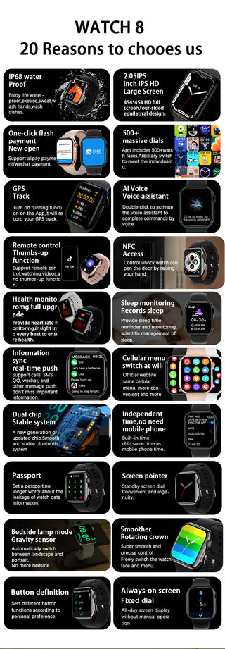 2023 Smart Watch Women Series 8 Pantalla de 2,0 "Bluetooth Trucade Freqüència cardíaca Pressió arterial Home Smartwatch per Apple Watch IWO Watch 8