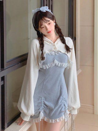 Vestit dolç de Lolita japonès d'encaix per a dona Mini vestits de festa Kawaii rosa amb llaç per a dona de princesa blava Vestit de moda coreana d'hivern 2022