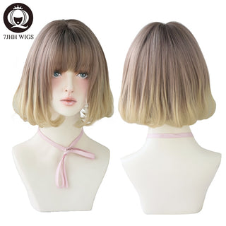 7JHH WIGS Short Bob Straight Ombre Blonde Wigs With Bang For Girl Black Female Synthetic Shoulder Length Crochet Hair Ginger Wig