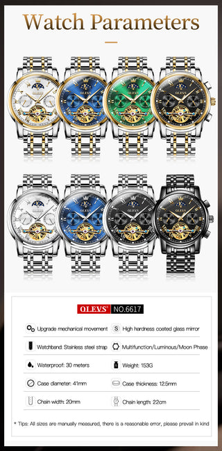 Rellotge OLEVS per a home Rellotge mecànic automàtic Stianless Top Brand Fase lunar de luxe Rellotge de polsera Tourbillon Esquelet Reloj hombres