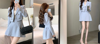 2 Piece Dress Set Women Casual Y2k Crop Tops Elegant Jacket Coats + Mini Skirts Korean Fahion