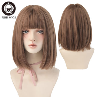 7JHH WIGS Short Bob Straight Ombre Blonde Wigs With Bang For Girl Black Female Synthetic Shoulder Length Crochet Hair Ginger Wig