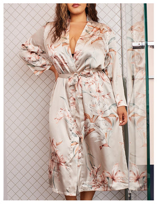 Satin Print Flower Kimono Bath Gown V-Neck Bathrobe Nightgown Summer Loungewear