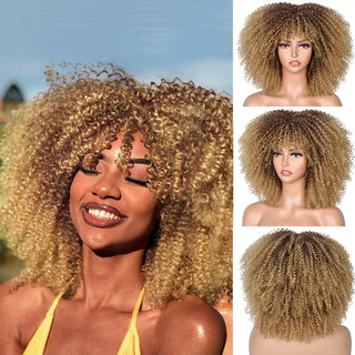 Short Afro Kinky Curly Wig With Bangs For Black Women Cosplay Lolita Natural Hair Ombre Mixed Brown Synthetic African Wigs