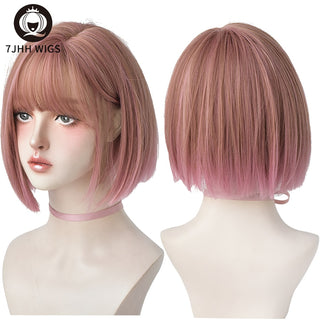 7JHH WIGS Short Bob Straight Ombre Blonde Wigs With Bang For Girl Black Female Synthetic Shoulder Length Crochet Hair Ginger Wig