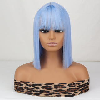 WERD Short Straight Bob Wigs for Women Synthetic wig with bangsPink Lolita Wigs Black  Blue Red Cosplay Wig