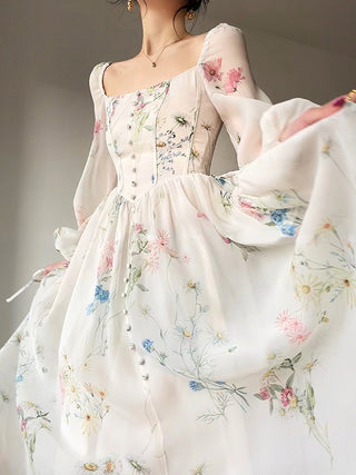 Vestit midi floral elegant francès Vestit de gasa de màniga llarga per a festa de nit Vestit d'una sola peça de fada de platja per a dona coreà estiu 2023