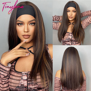 Chocolate Brown Mixed Golden Blonde Long Straight Synthetic Women&#39;s Headband Wigs Bohemian Hair For Black Women Fake Hair