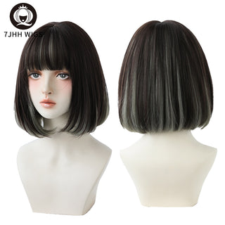 7JHH WIGS Short Bob Straight Ombre Blonde Wigs With Bang For Girl Black Female Synthetic Shoulder Length Crochet Hair Ginger Wig