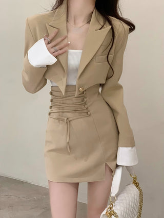 2 Piece Dress Set Women Casual Y2k Crop Tops Elegant Jacket Coats + Mini Skirts Korean Fahion