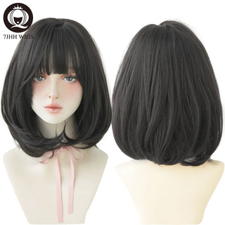 7JHH WIGS Short Bob Straight Ombre Blonde Wigs With Bang For Girl Black Female Synthetic Shoulder Length Crochet Hair Ginger Wig