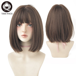 7JHH WIGS Short Bob Straight Ombre Blonde Wigs With Bang For Girl Black Female Synthetic Shoulder Length Crochet Hair Ginger Wig