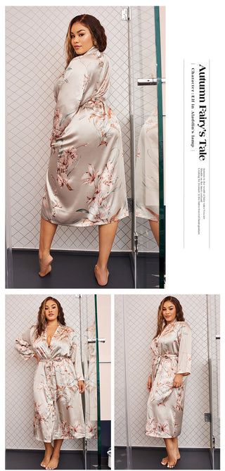 Satin Print Flower Kimono Bath Gown V-Neck Bathrobe Nightgown Summer Loungewear