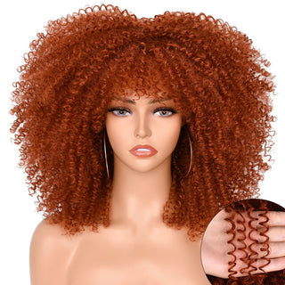 Perruca de cabell curt afro arrissat de 16 polzades amb serrell per a dones negres Cosplay Lolita sintètic natural sense cola perruques rosses mixtes marrons