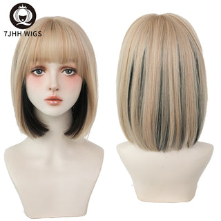 7JHH WIGS Short Bob Straight Ombre Blonde Wigs With Bang For Girl Black Female Synthetic Shoulder Length Crochet Hair Ginger Wig