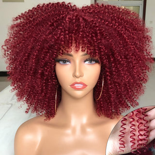 Short Afro Kinky Curly Wig With Bangs For Black Women Cosplay Lolita Natural Hair Ombre Mixed Brown Synthetic African Wigs