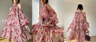 Vestit midi floral elegant francès Vestit de gasa de màniga llarga per a festa de nit Vestit d'una sola peça de fada de platja per a dona coreà estiu 2023