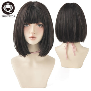 7JHH WIGS Short Bob Straight Ombre Blonde Wigs With Bang For Girl Black Female Synthetic Shoulder Length Crochet Hair Ginger Wig