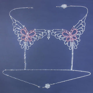 Sexy Butterfly Rhinestone Chain Body Lingerie Set Jewelry for Women Crystal Pink Big butterfly body chain bra and thong harness