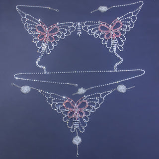 Sexy Butterfly Rhinestone Chain Body Lingerie Set Jewelry for Women Crystal Pink Big butterfly body chain bra and thong harness